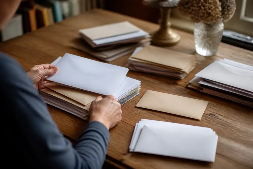 Lettres et enveloppes classees sur une table en bois
