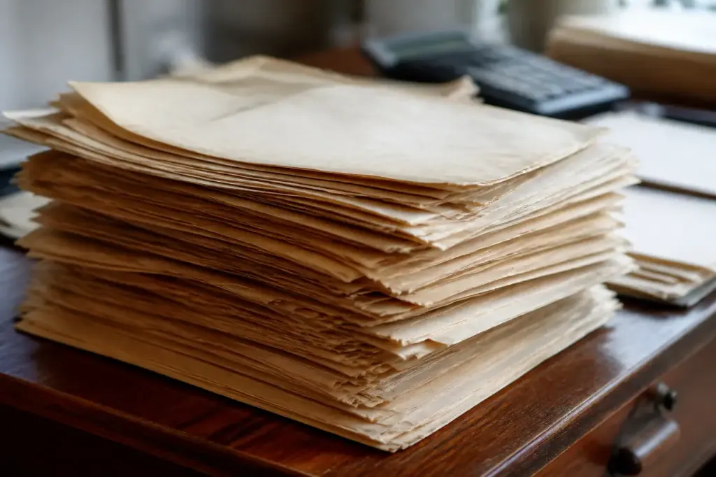 Liasse de bulletins de salaire jaunis sur un bureau