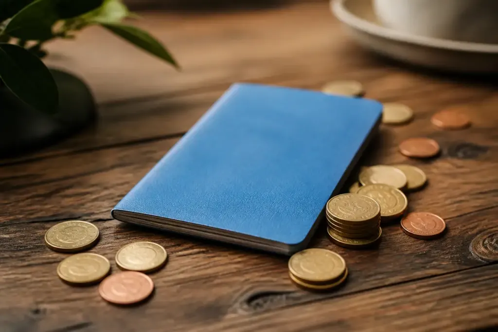 Livret bleu entoure de pieces sur une table