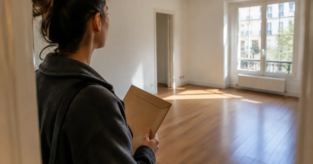 Locataire tenant une enveloppe devant un appartement vide