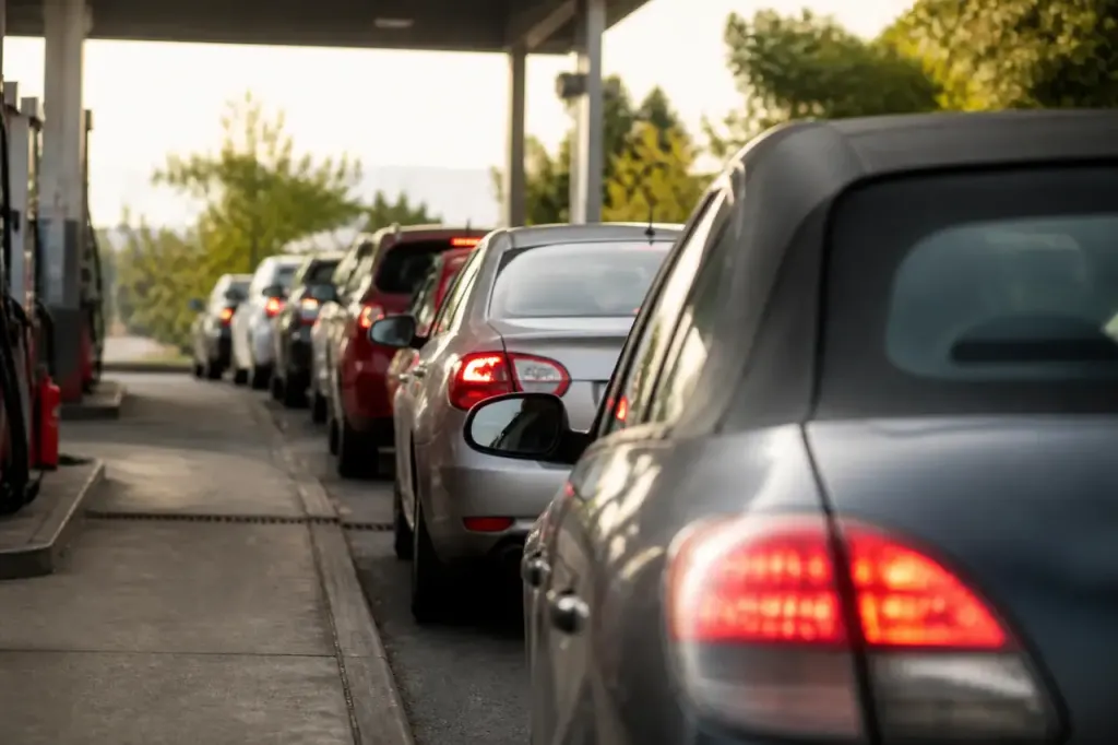 Longue file de voitures devant une pompe TotalEnergies