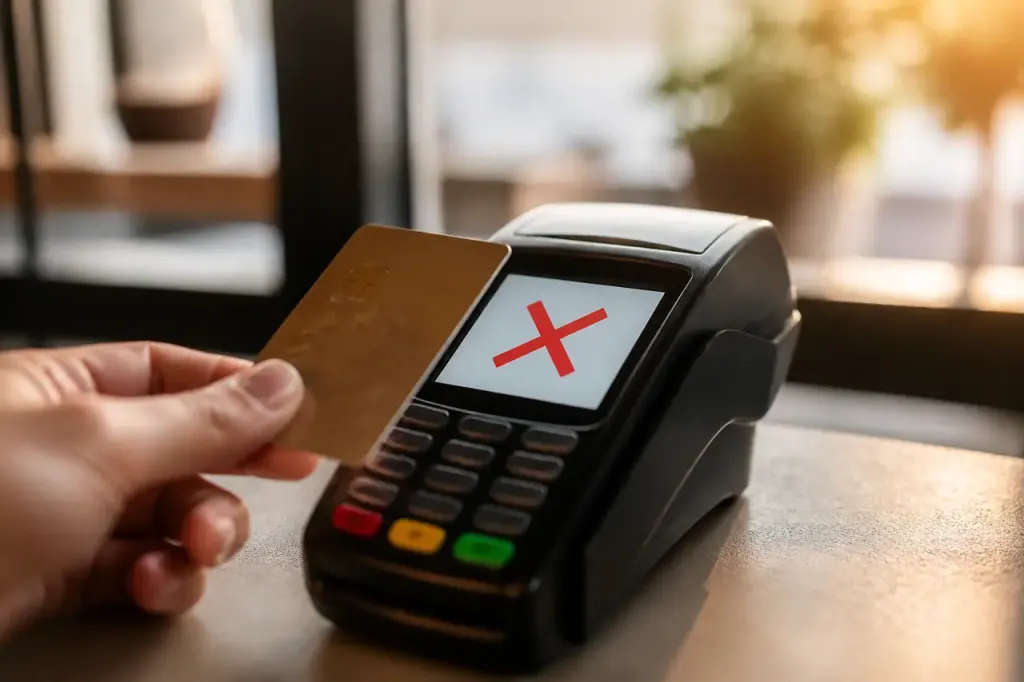 Main tenant une carte devant un terminal affichant refus