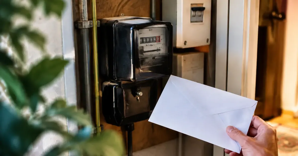 Main tenant une enveloppe blanche pres du compteur electrique