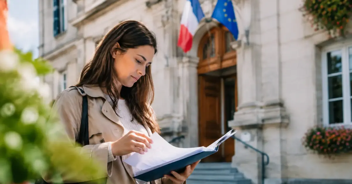 Une main feuillette un dossier papier devant la mairie