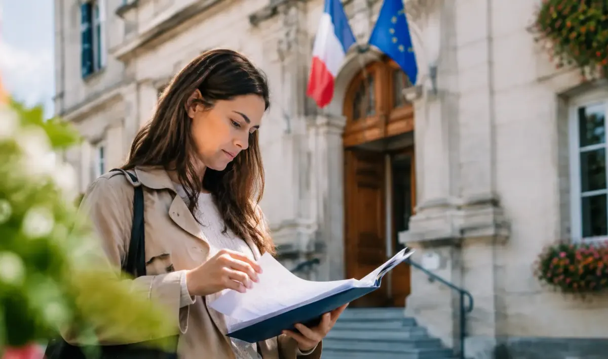 Une main feuillette un dossier papier devant la mairie