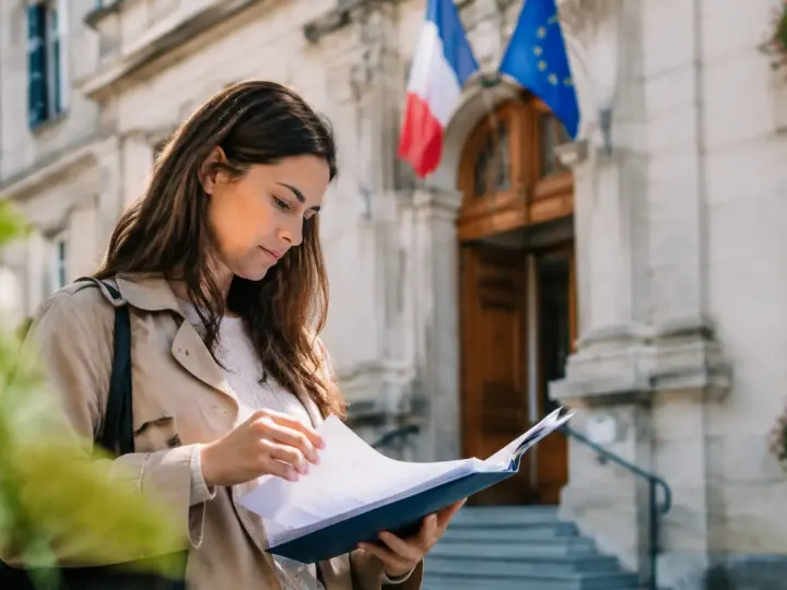 Une main feuillette un dossier papier devant la mairie