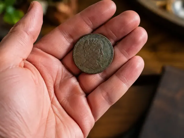 Main ouverte tenant une vieille piece ronde en metal