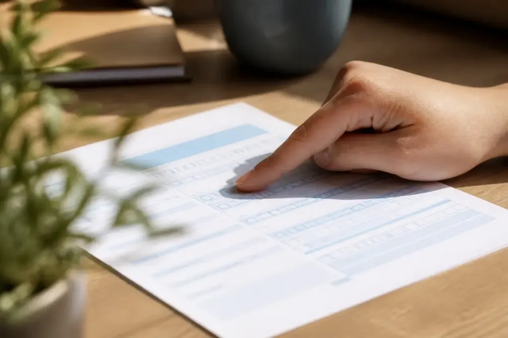 Une main pointe un chiffre sur un formulaire papier