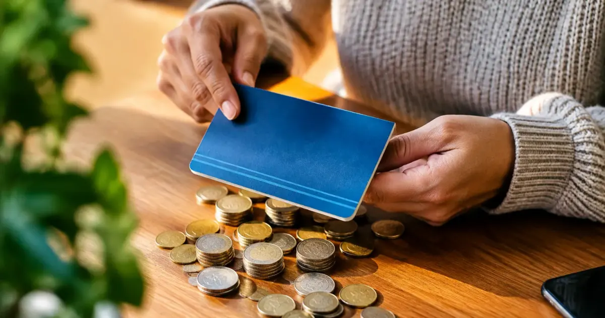 Main posant un livret bancaire sur des pieces