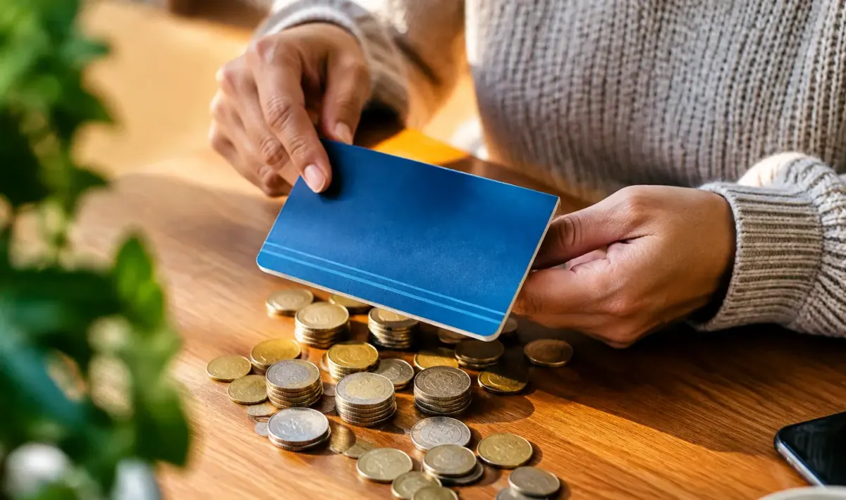 Main posant un livret bancaire sur des pieces