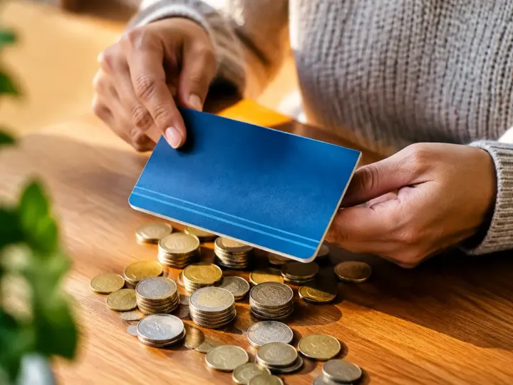 Main posant un livret bancaire sur des pieces