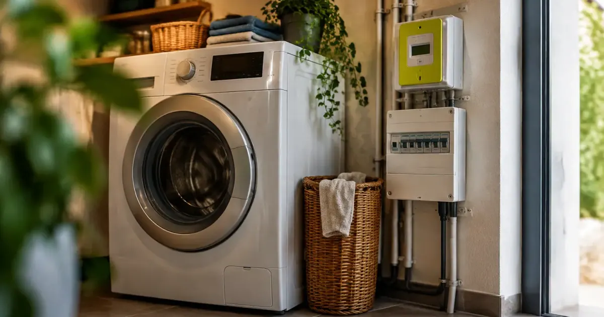 Main reglant un lave-linge devant un compteur electrique