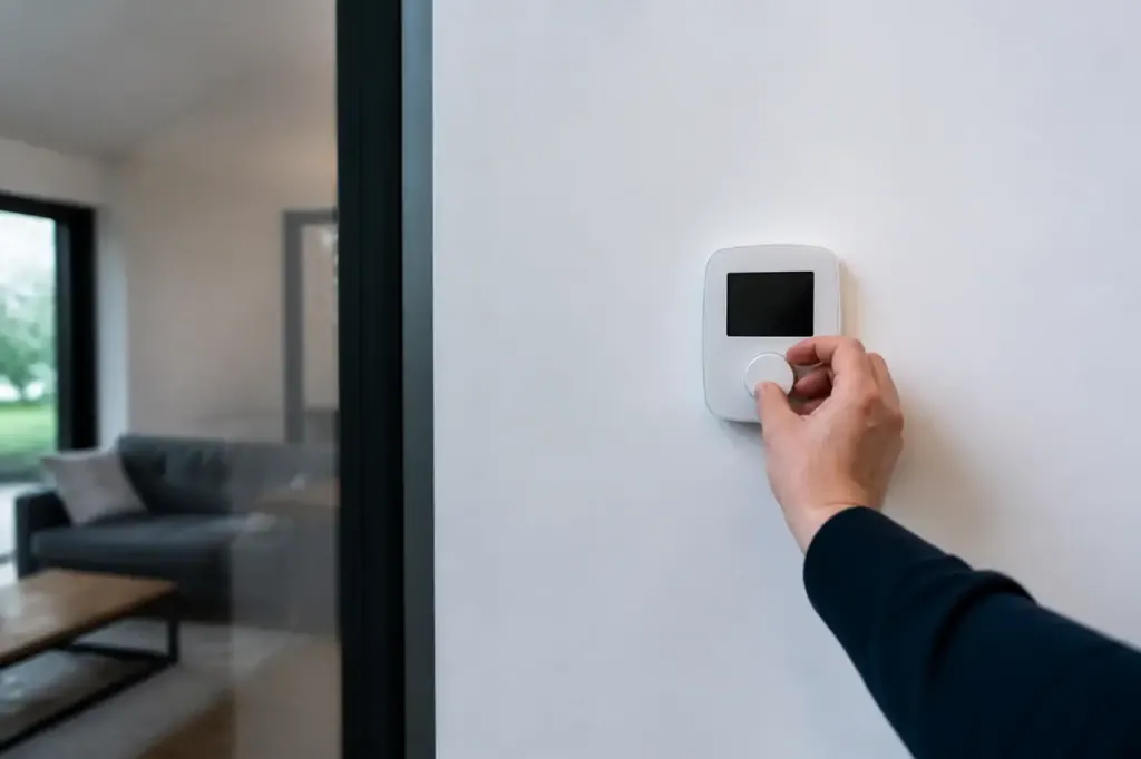 Main reglant thermostat numerique fixe sur mur blanc