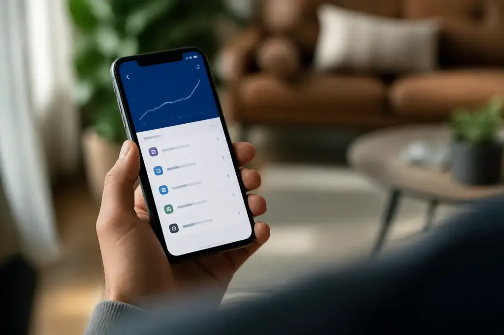 Une main tient un smartphone affichant une application bancaire