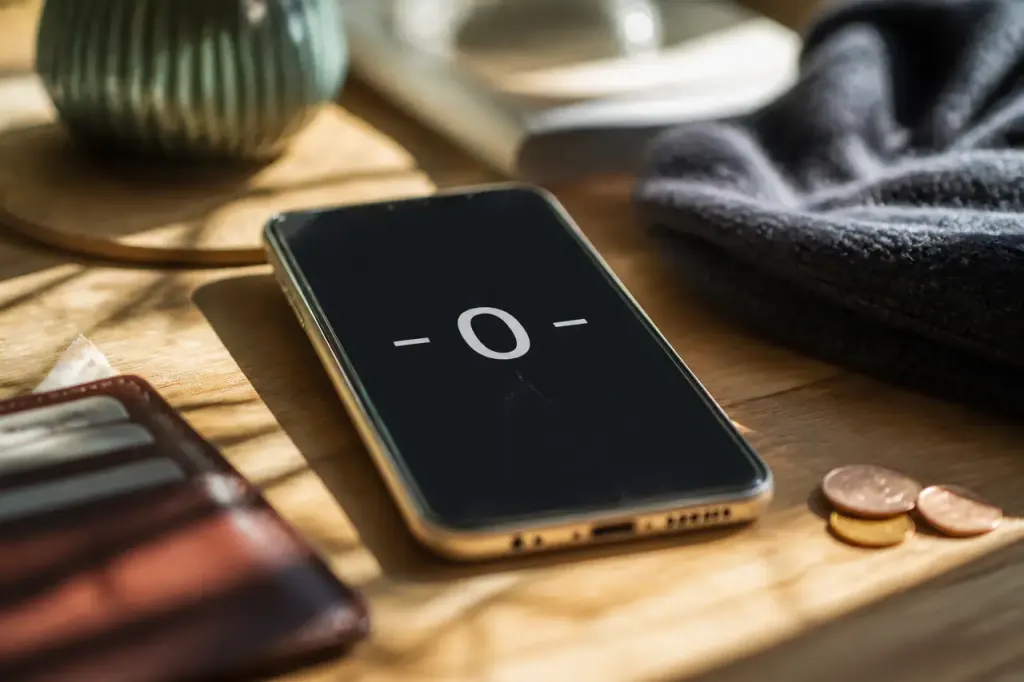 Main tenant un smartphone affichant un solde nul