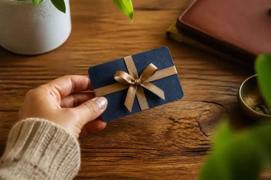 Main tenant une carte cadeau sur bureau en bois