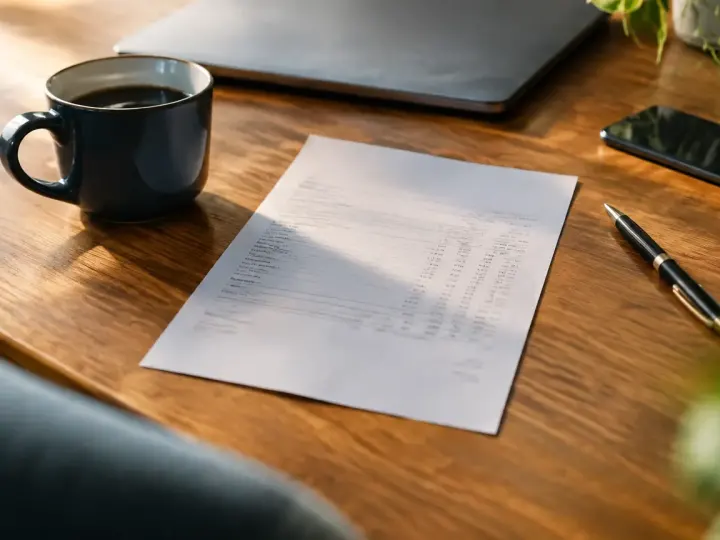 Main tenant un recu papier sur un bureau