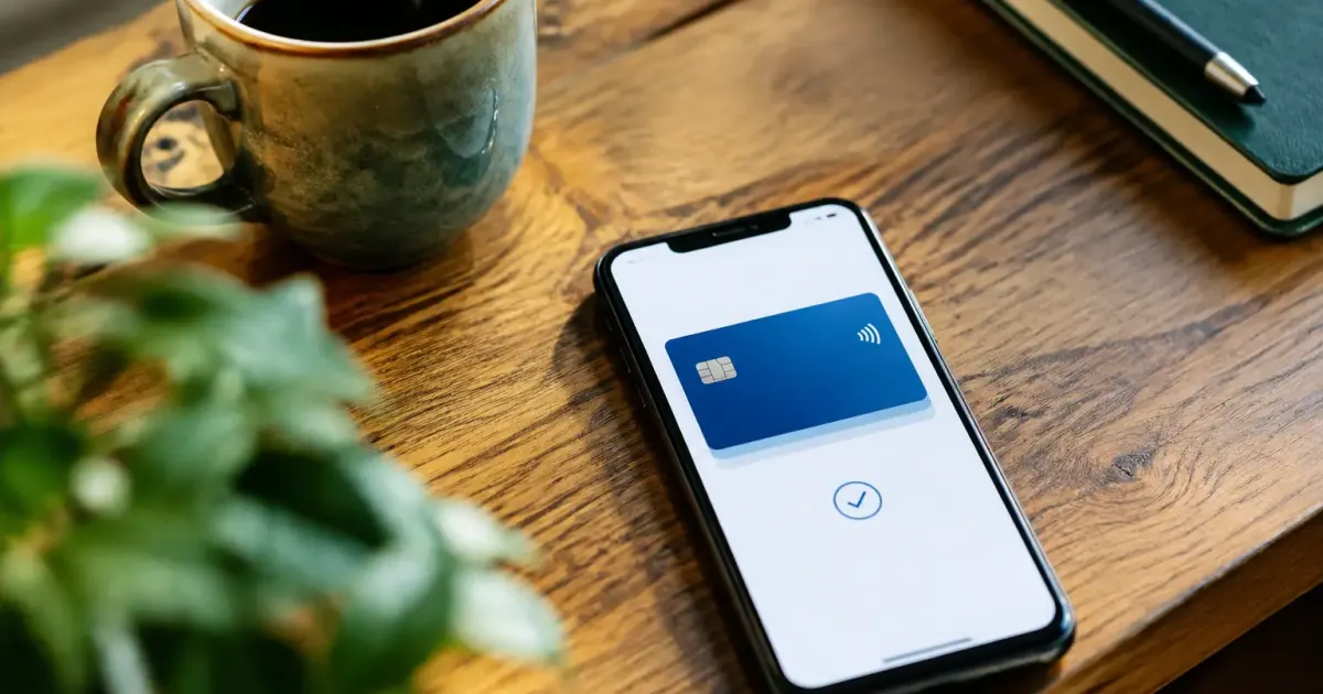Main tenant smartphone affichant carte bancaire