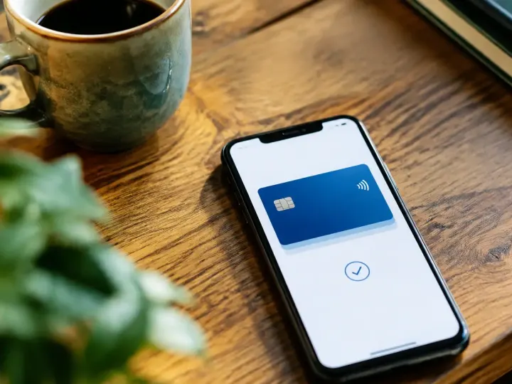 Main tenant smartphone affichant carte bancaire