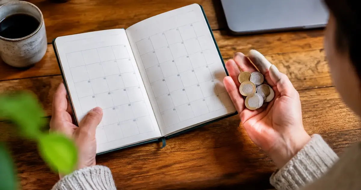 Une main tient un calendrier ouvert et des monnaies