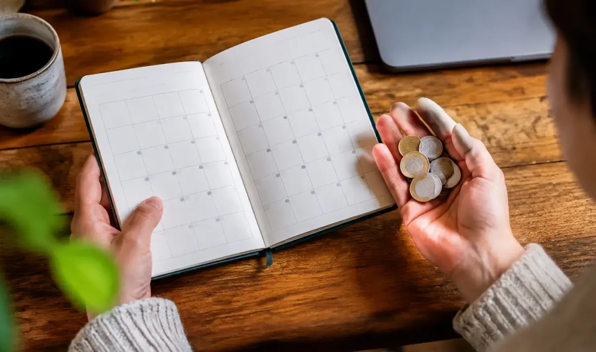 Une main tient un calendrier ouvert et des monnaies