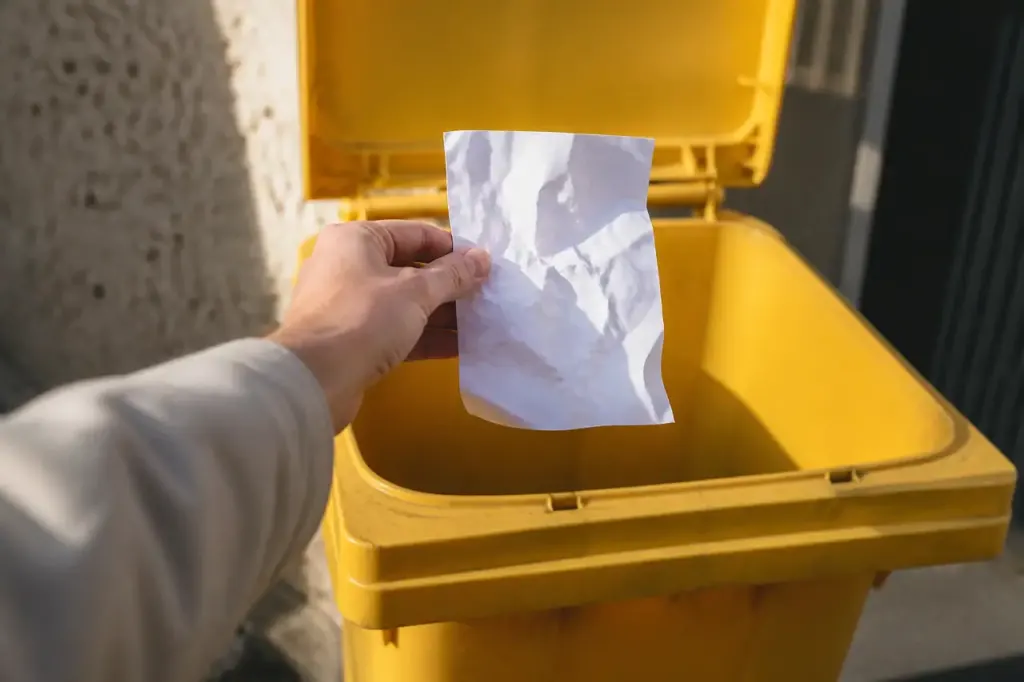 Une main tient une facture devant une poubelle jaune