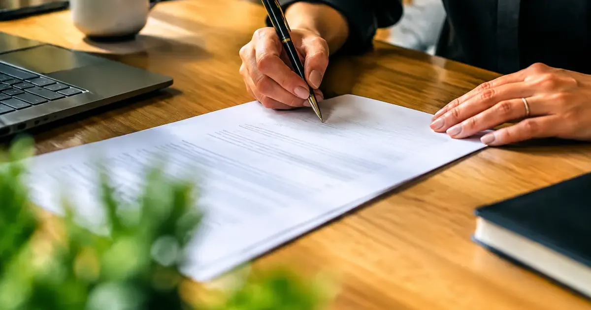 Mains signant un document sur un bureau en bois