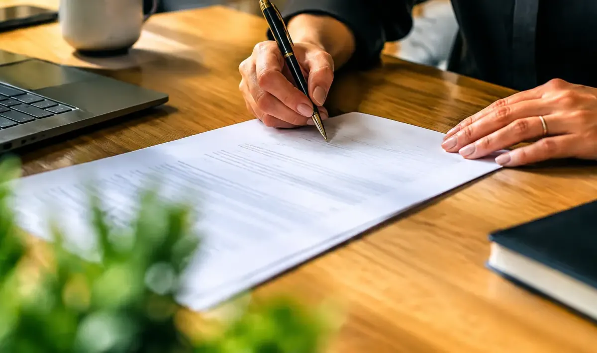 Mains signant un document sur un bureau en bois