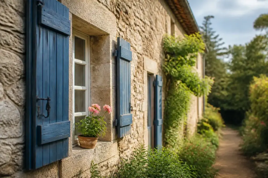 Maison ancienne avec volets bleus et facade en pierre