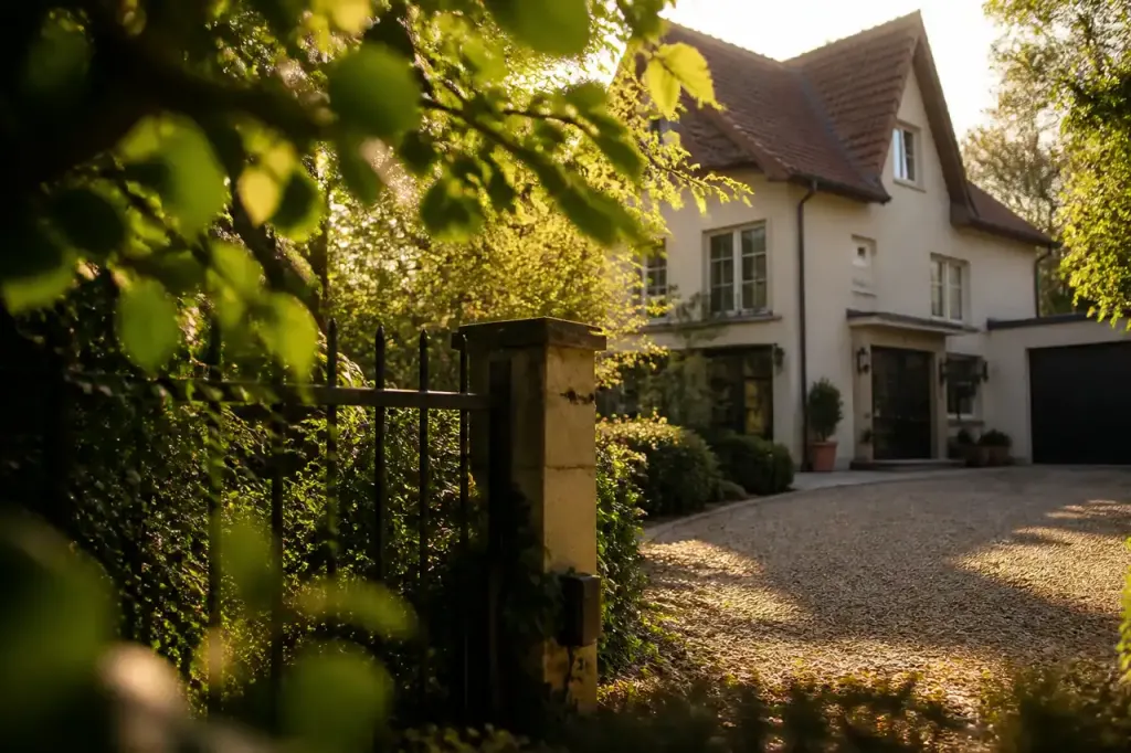 Maison individuelle avec jardin et panneau de vente visible