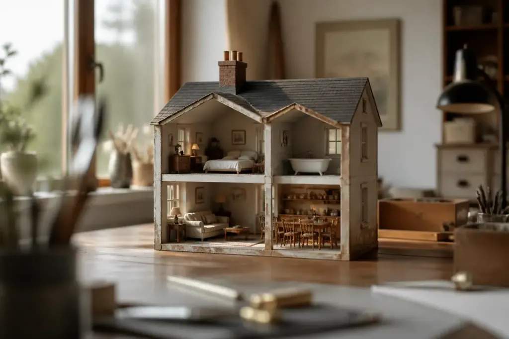 Maison miniature coupee en deux sur un bureau