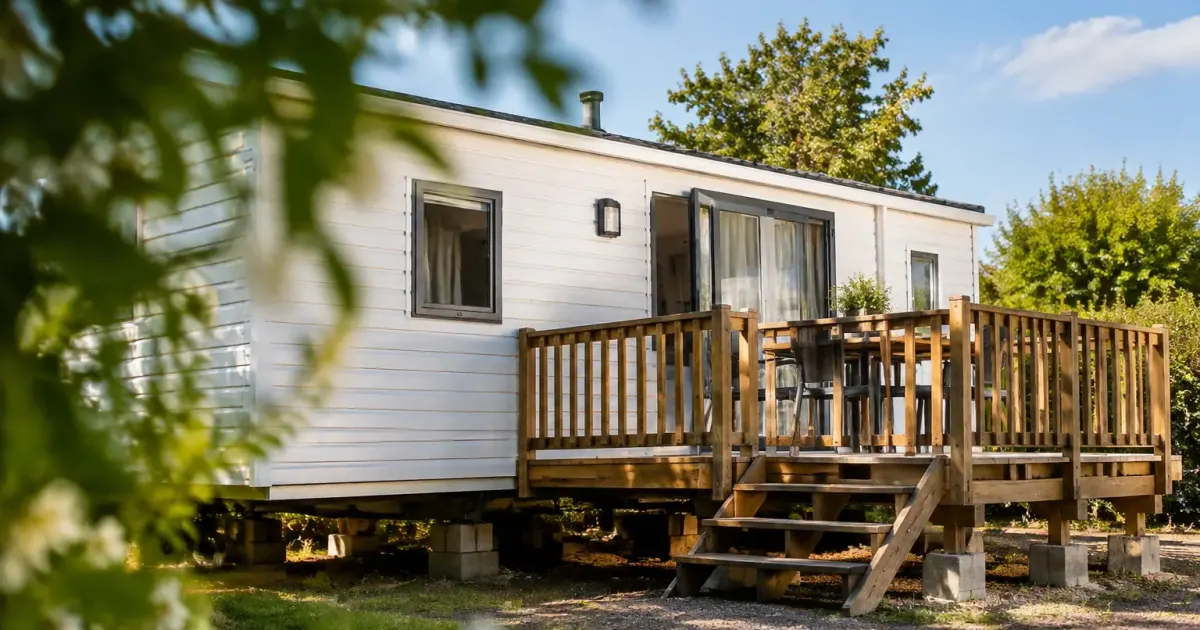 Maison mobile blanche sur cales, couple debout en terrasse