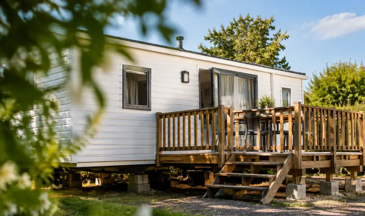 Maison mobile blanche sur cales, couple debout en terrasse
