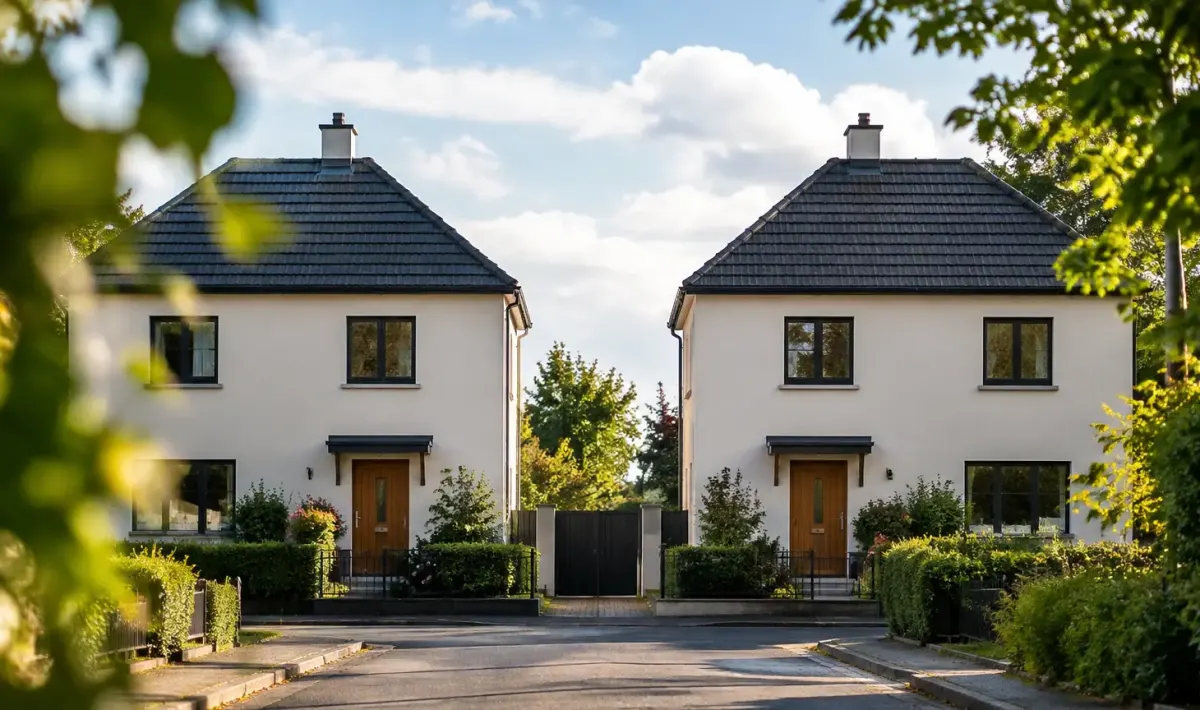 Deux maisons identiques face a face sur une rue
