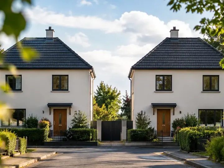 Deux maisons identiques face a face sur une rue