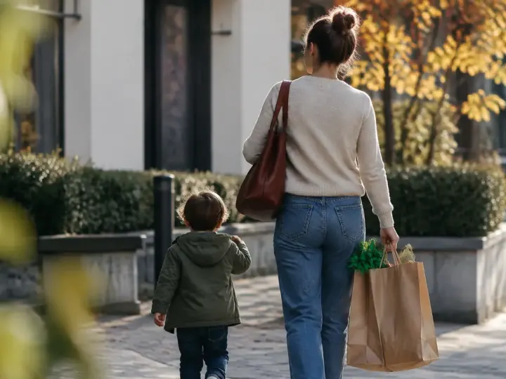 Mere seule porte un sac de courses, enfant pres