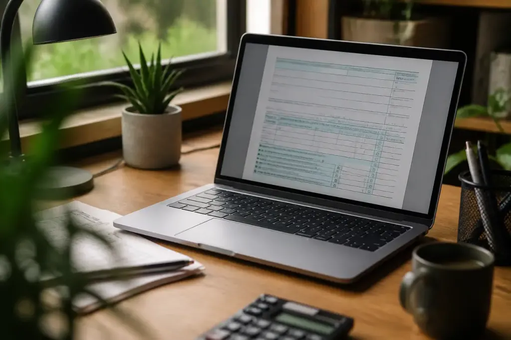 Ordinateur portable affichant un formulaire fiscal sur bureau
