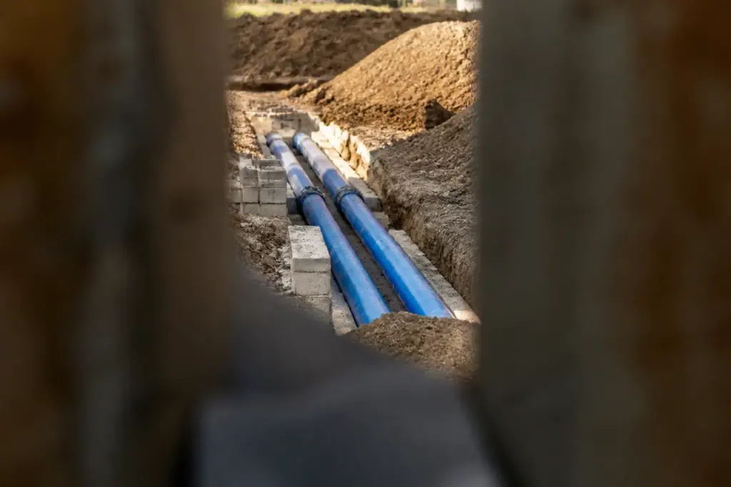 Ouvriers en casque devant une tranchee avec tuyaux bleus
