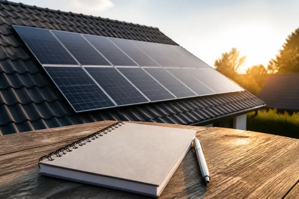 Panneaux solaires sur toit et carnet de devis