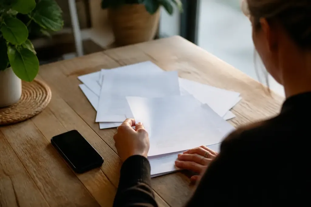 Papiers administratifs et smartphone sur un bureau en bois