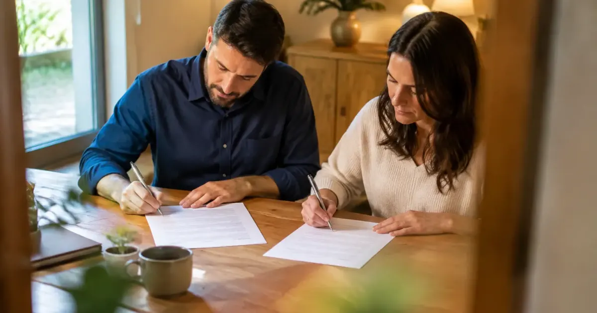 Deux parents signent un document assis devant une table