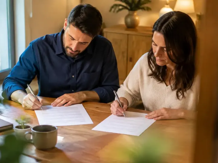 Deux parents signent un document assis devant une table