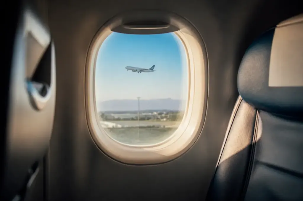 Passager assis pres du hublot observant un avion