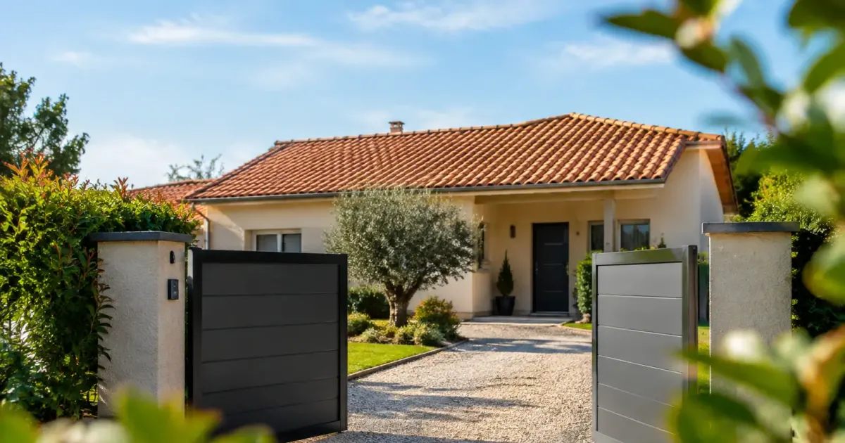 Pavillon individuel avec toit en tuiles et portail ouvert