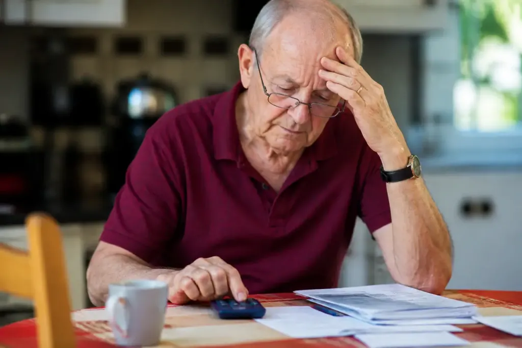 Une personne agee compte ses factures et une calculatrice