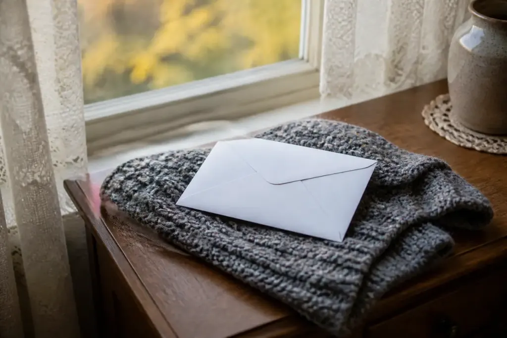 Personne agee tenant une enveloppe blanche pres fenetre
