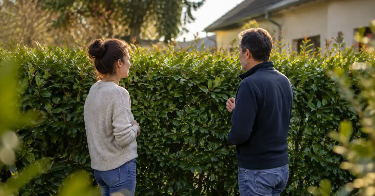 Deux personnes debout devant une haie mitoyenne