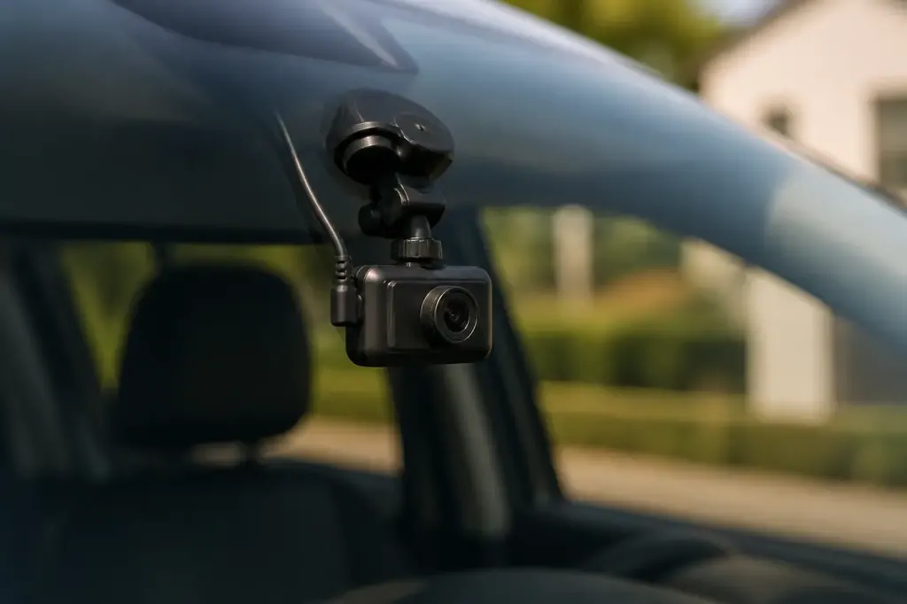 Petite camera noire fixee au pare-brise d'une voiture