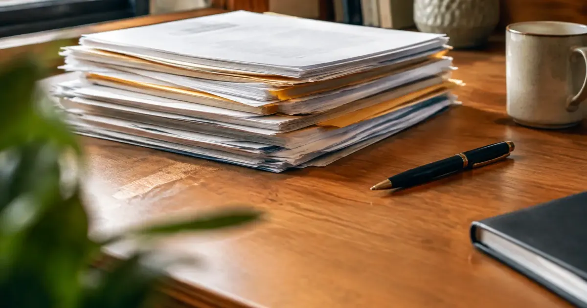 Pile de documents sur un bureau avec un stylo