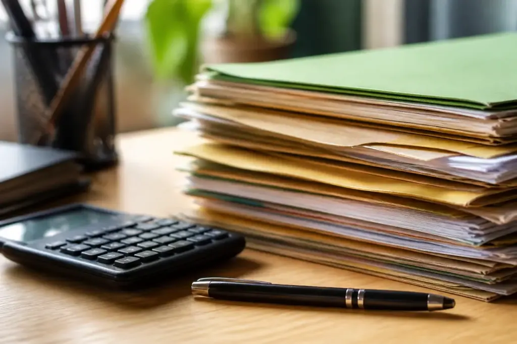 Pile de dossiers, stylo et calculatrice sur bureau